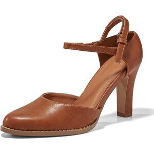 Women's Brown Chunky High Heels Closed Pointed Toe Ankle Strap Pumps Shoes